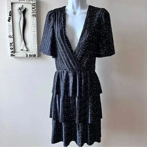 Charles Henry Coquette Black Polka Dot Satin Short Sleeve Tiered Dress Sz XL